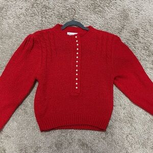 Chic Red Pearl Button-Front Women's Sweater Size M